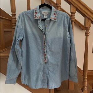 Vintage Blue Denim Button Up with Floral Embroidery Details